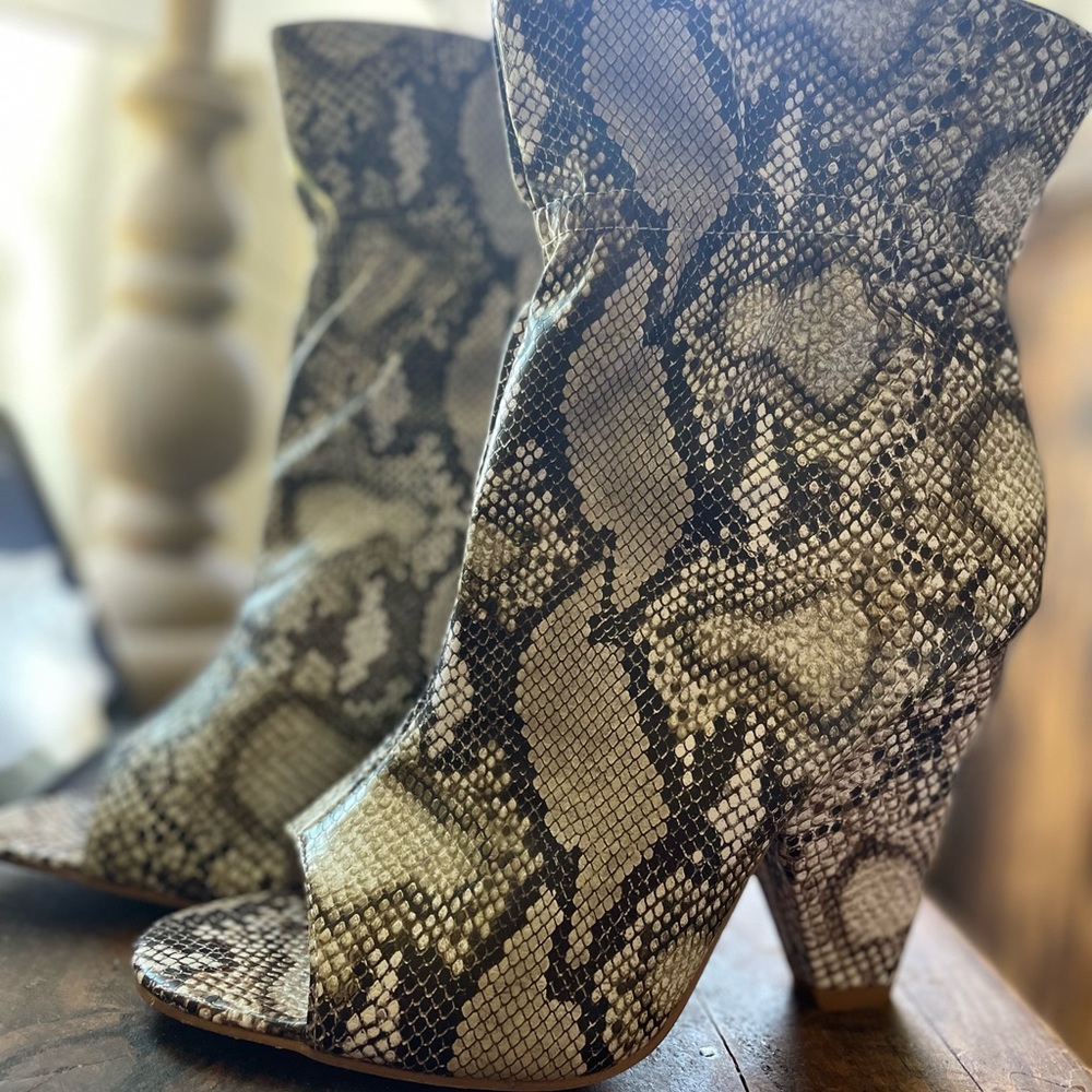 Snake print peep toe booties